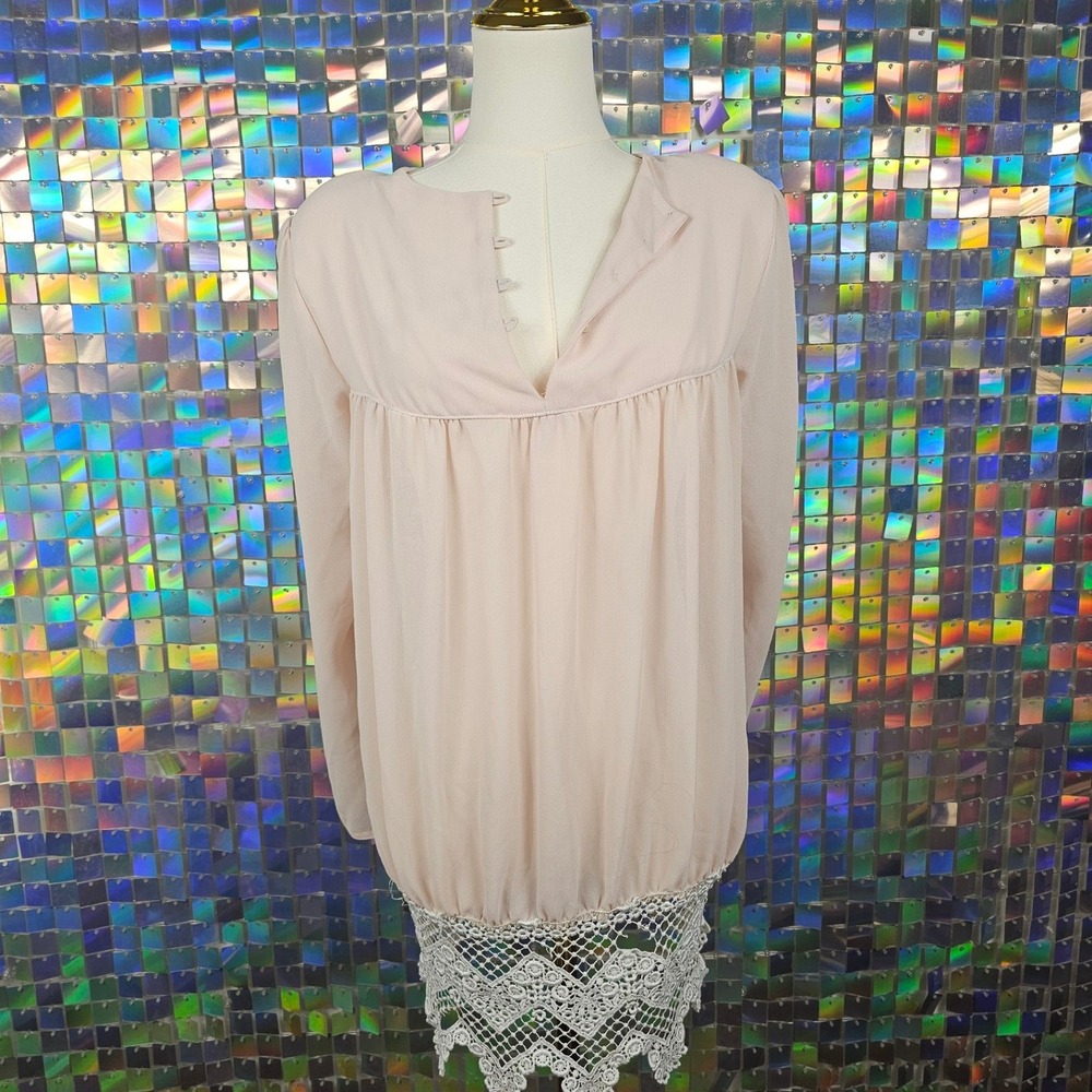 Vintage Crochet Lace Trim Babydoll Blouse Womens Pink Excellent Pearl Button